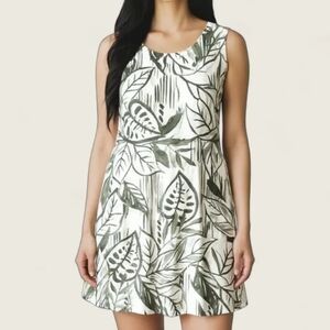 Tahari 100% Linen White Green Leaf Print Sleeveless Shift Dress Size Small